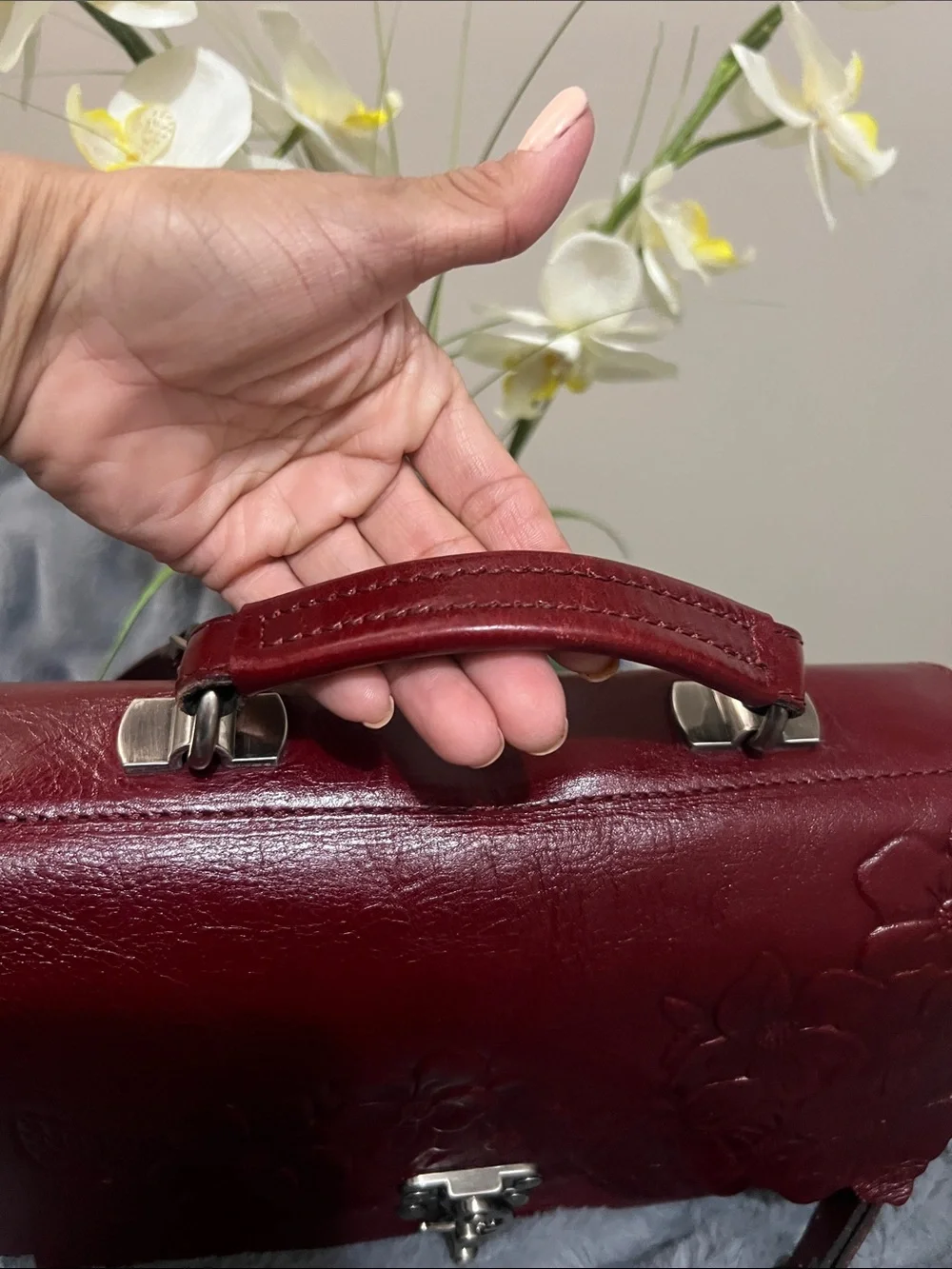 Patricia Nash Charonne Burgundy Embossed Floral Leather Satchel EUC retail $199
